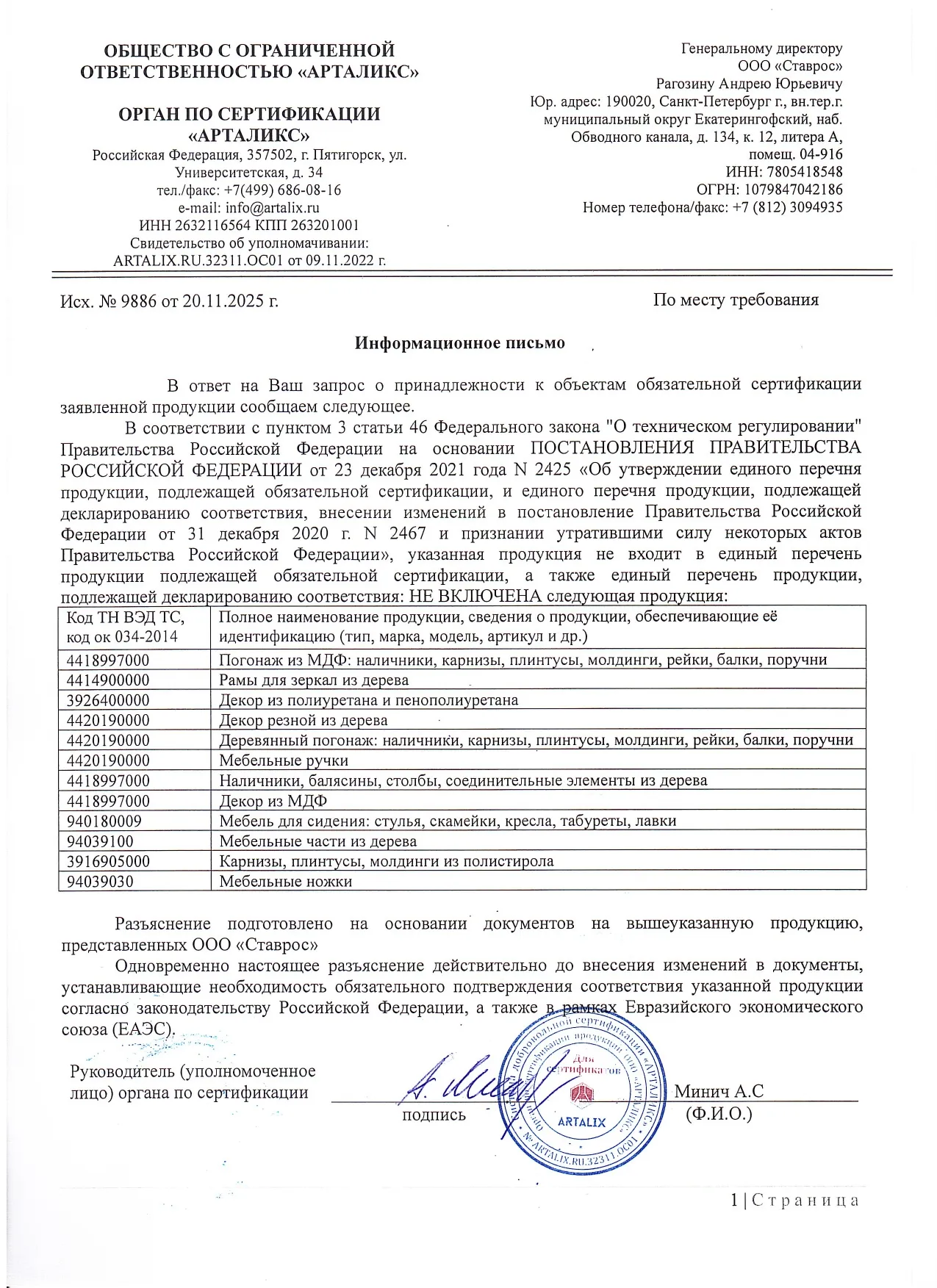 Сертификат Stavros